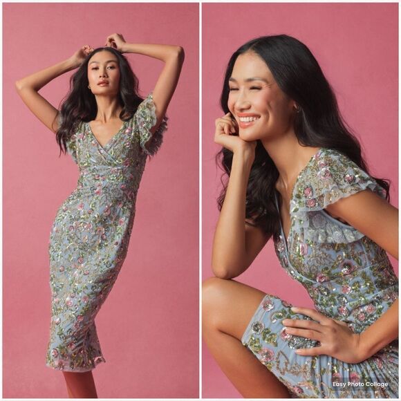 Mac Duggal 5722 Womens Blue FLORAL EMBELLISHED FLUTTER CAP SLEEVE DRESS